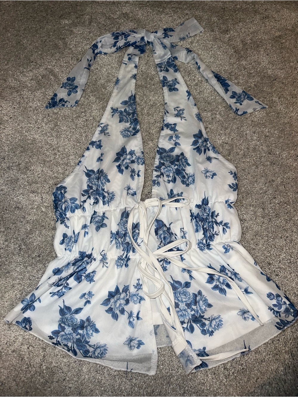 White Halter Floral Tie Up Top with Blue Rose Print - size small